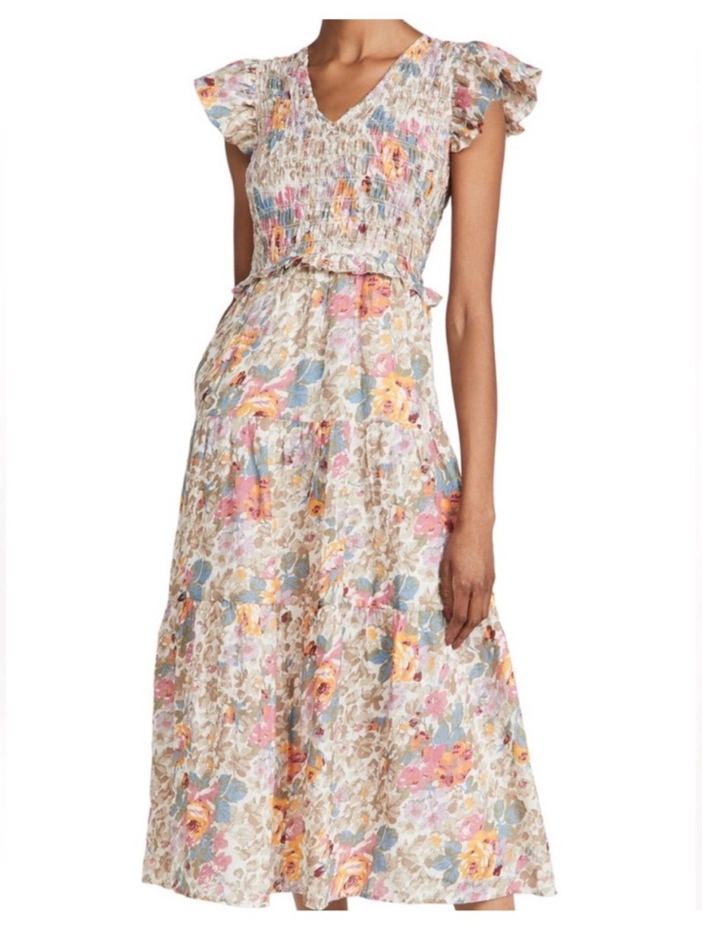 Sea New York Ines Floral Smocked Midi Dress Sz 4 Pastel Tiered Cottage Shower